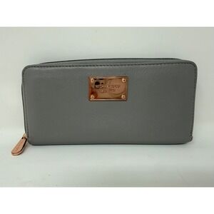 Michael Kors Zip Around Wallet Gray Leather Rose Gold Hardware Continental